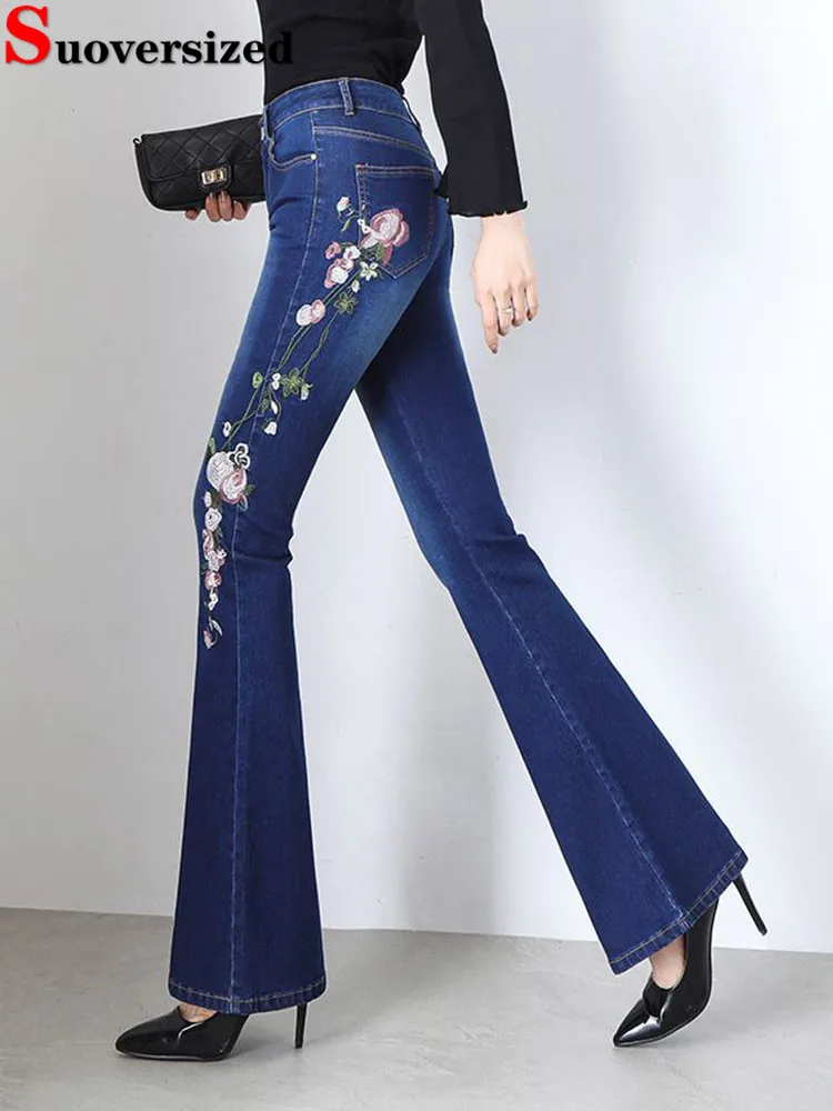 

Embroidery Design Skinny Flare Jeans Women Vintage High Waist Stretch Denim Pants Korean Casual Streetwear Boot Cut Vaqueros New