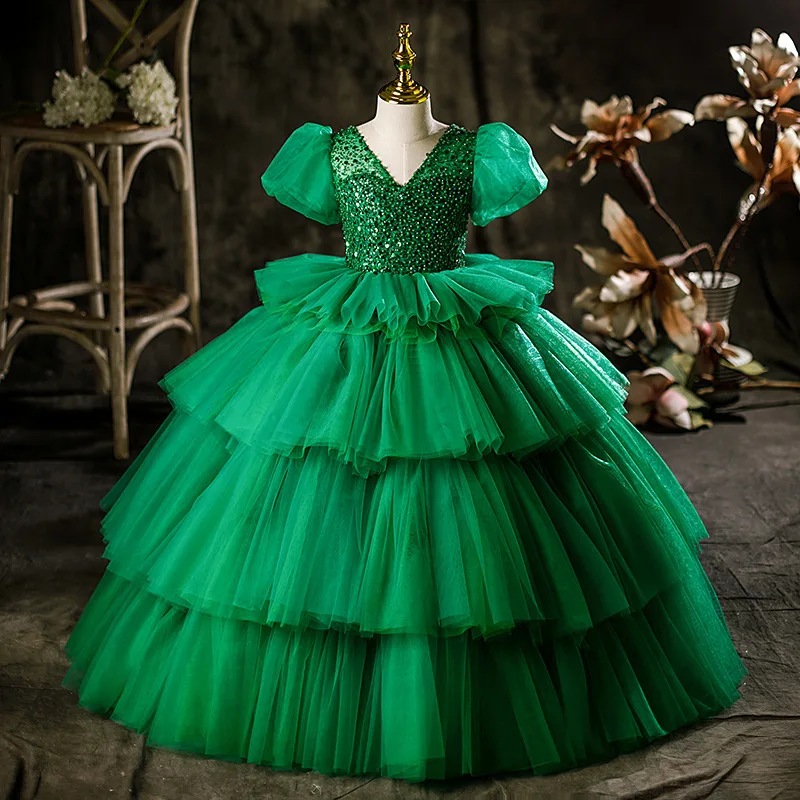 

2024 Luxury Green Girl Cake Dress Formal Occasions Evening Long Dresses Nobal V-Neck Sequins Vestidos Kids Clothes Birthday Gown