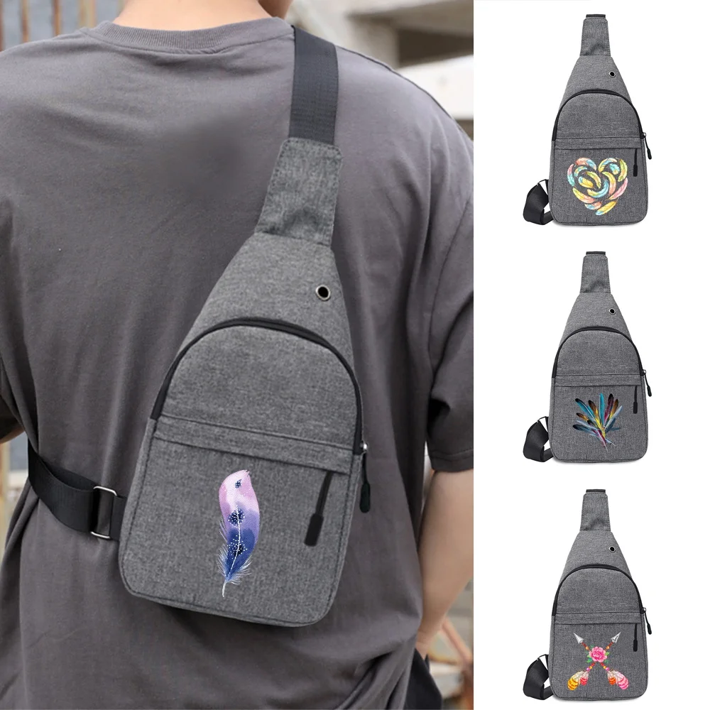 2022 Men's Shoulder Bag Canvas Sport Crossbody Trend Outdoor Chest Bag for Men Feather Pattern Printed Mobile Phone Chest Bag