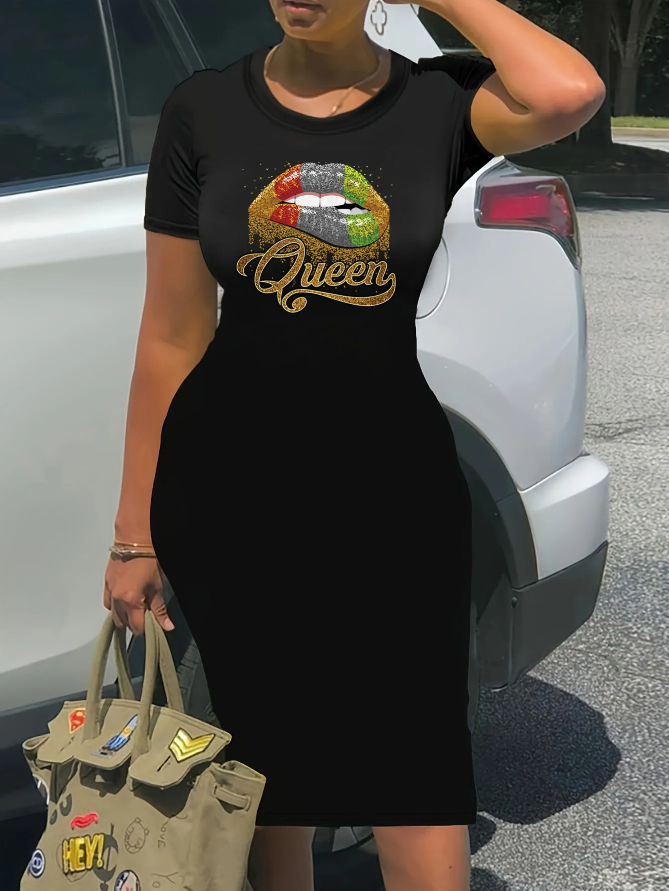 Abito estivo nero sexy da donna AMORE carattere stampa casual slim fit senza maniche girocollo T-shirt mini abito