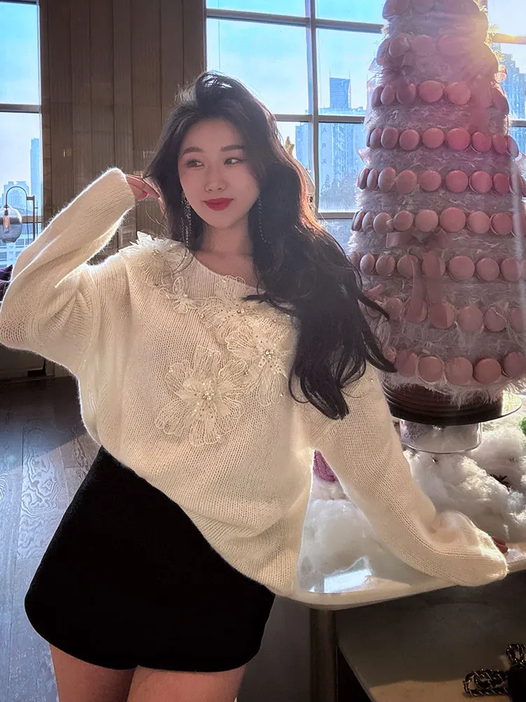 

Handmade Lace Flower Woolen Knitted Sweater Women's Loose Lazy Sle Autumn Winter New Arrival Top YANGXIAOJING Brand Knitwear