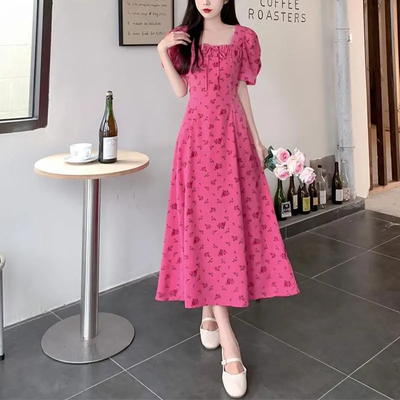 

Puff Sleeve Broken Flowers Long Dress Summer Women's Clothing French Style Square Collar Drawstring Vintage A-Line Split Dresses