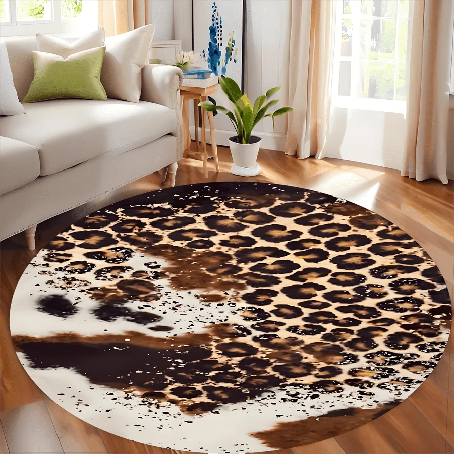 Wild Leopard Spot Brown Black Beige Animal Fur Texture Round Carpet For Glamour Bedroom With Safari Spirit Carpet Wild