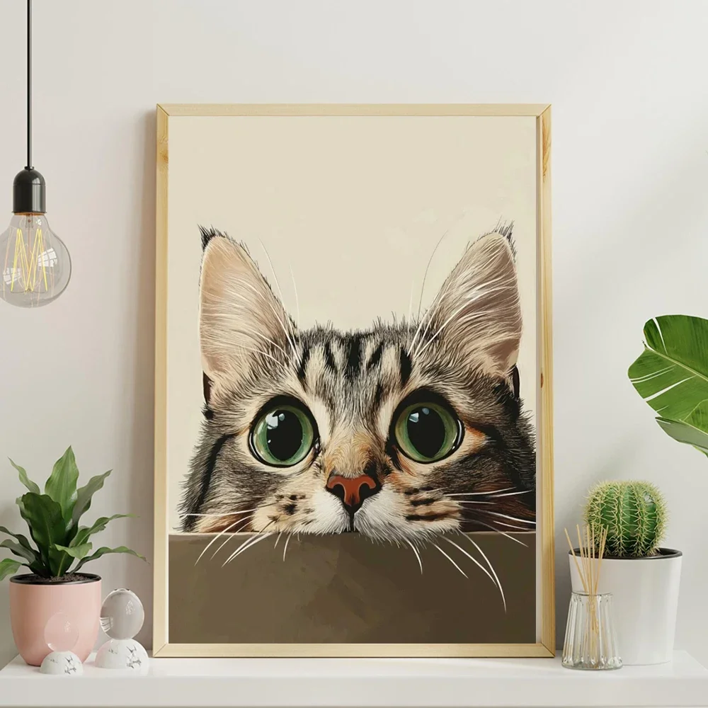 1PC Large-sized frameless canvas paintings,Peeking Cute Cat Canvas Wall Art Kitten Poster Nordic Minimalist Animal Print Decor L