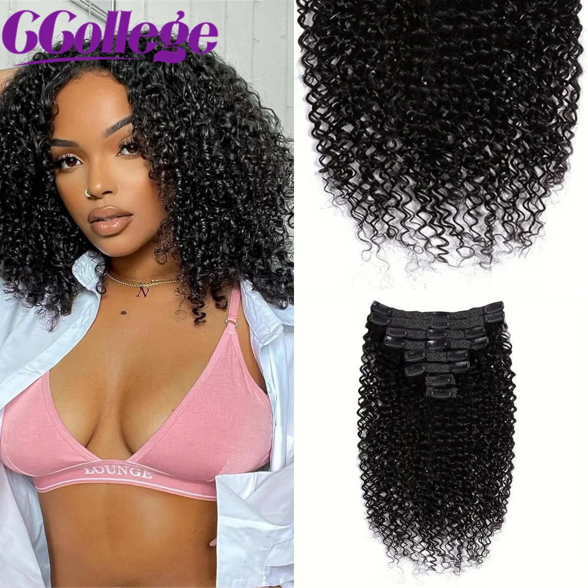 

CCollege Kinky Curly Clip in Hair Extension Brazilian Afro Kinky Curly Human Hair Full Head Clip Hair for Women 8 Piece