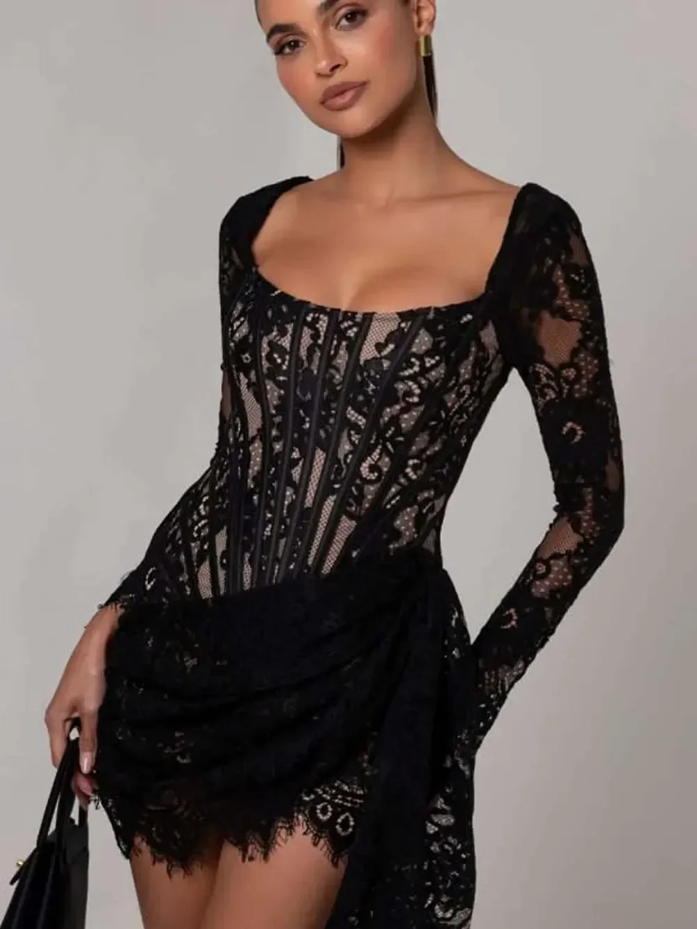 

2025 New Luxury Sexy Asymmetric Lace Dress Women O-neck Long Sleeve Bodycon Lace Mini Dresses Evening Club Party Vestidos