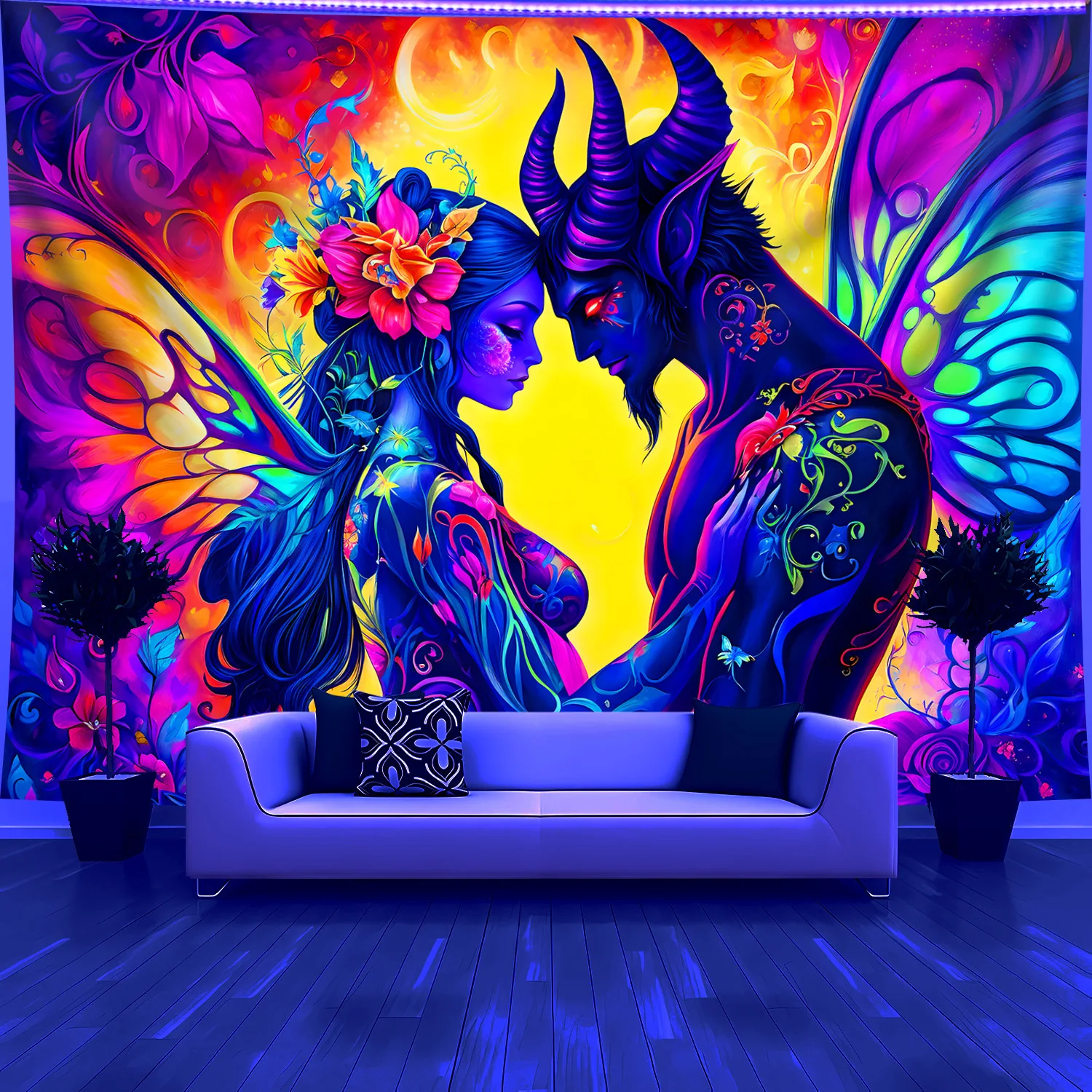 Halloween Twin Spirit Cosmic Tapestry Neon Butterfly Nebula Symmetrical Energy Field Gaming Room Decoration