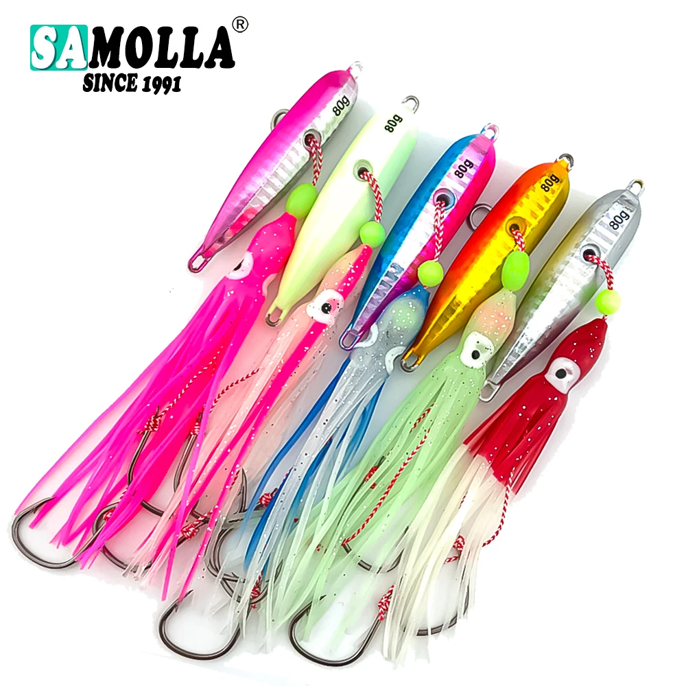 

Jig Fishing Lure Weights40-80g Jigging Metal Sinking Saltwater Lures Luminous Squid Hook Soft Bionic Bait Peche Pike Fish Tackle