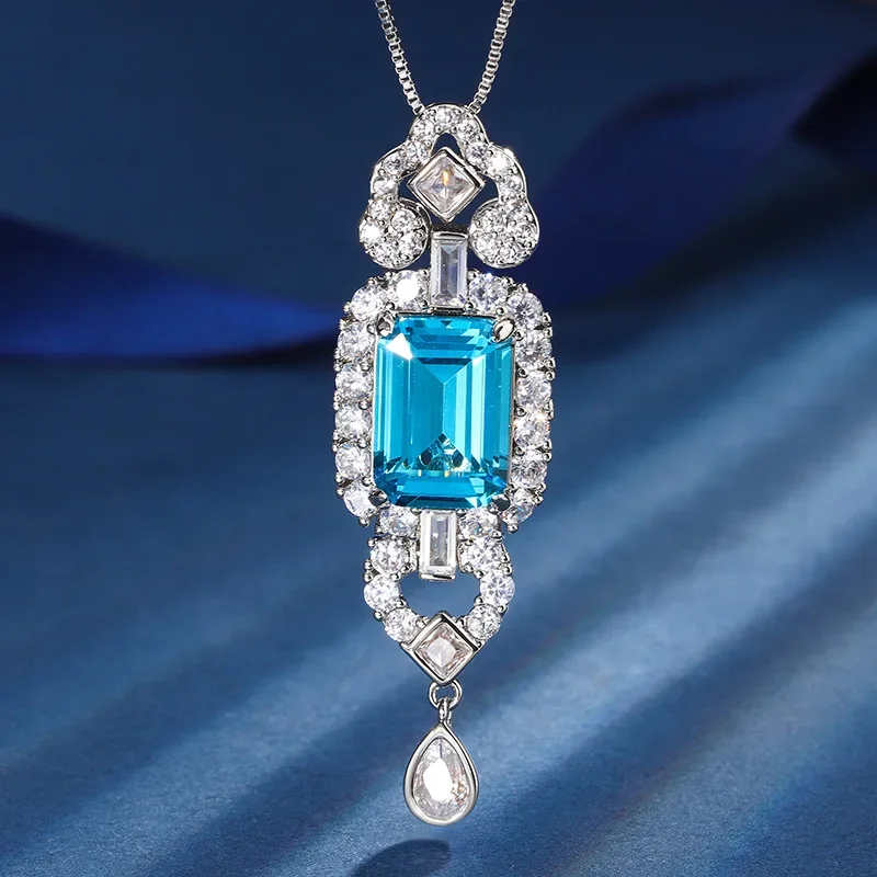 S925 เงิน 18K Gold Plated PT950 Platinum Aquamarine ขนาดเล็กอารมณ์สดชุดจี้แหวน 10*14