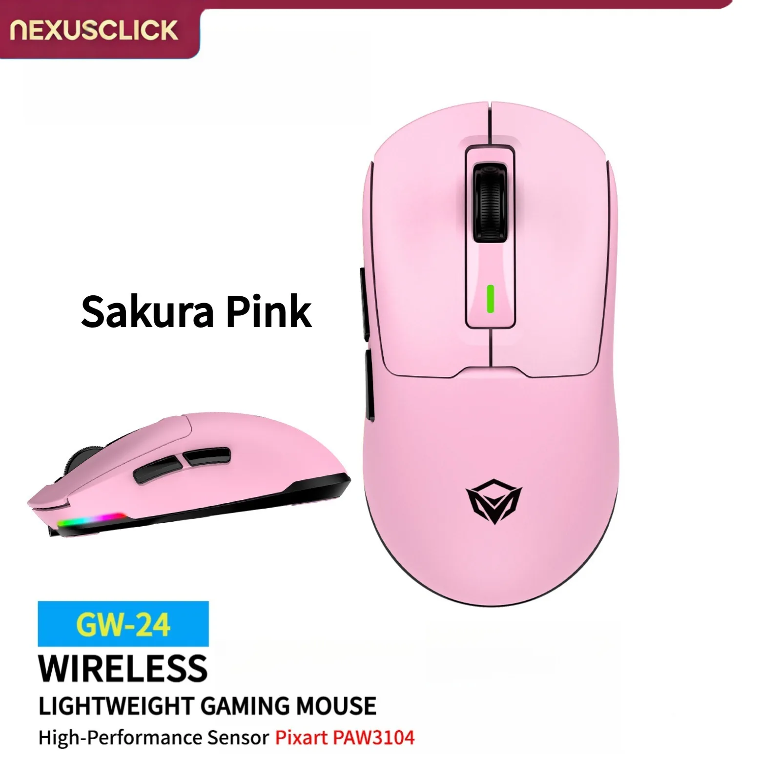 NexusClick GW24 Tri‑Mode 62g Ultra‑Lightweight Wireless Mouse,PAW3104 Sensor,8000DPI 45IPS 15G,RGB Backlight E‑sports Work Mice
