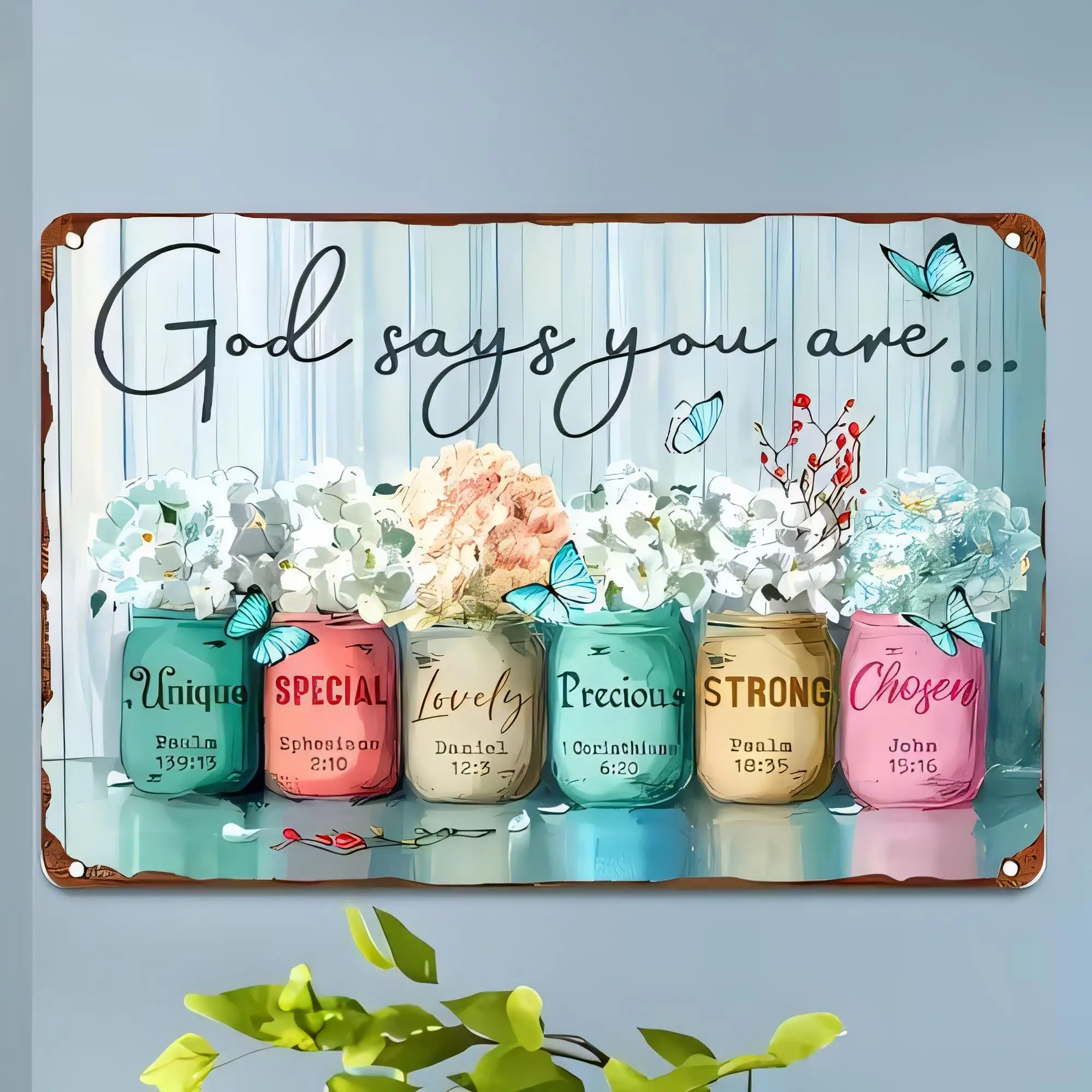 Tin Sign God Says You Are Unique Special Lovely Precious Strong Chosen Inspirational Quote Rustic Vintage Metal Wall Art Home De