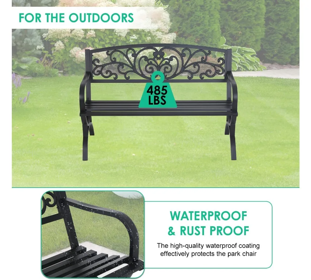 مقعد حديقة خارجي مقاس 50 بوصة بتصميم زهور ومقعد شرائحي ومساند للذراعين - مثالي للفناء والشرفة #6