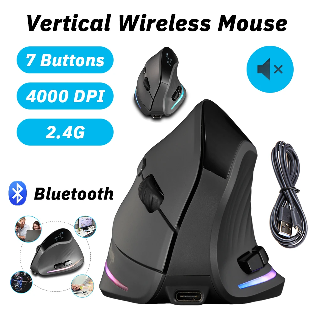 Ratón Vertical inalámbrico Bluetooth recargable ergonómico 4000DPI 7 botones triodo BT + 2,4 GHz + ratón con cable para ordenador portátil de escritorio