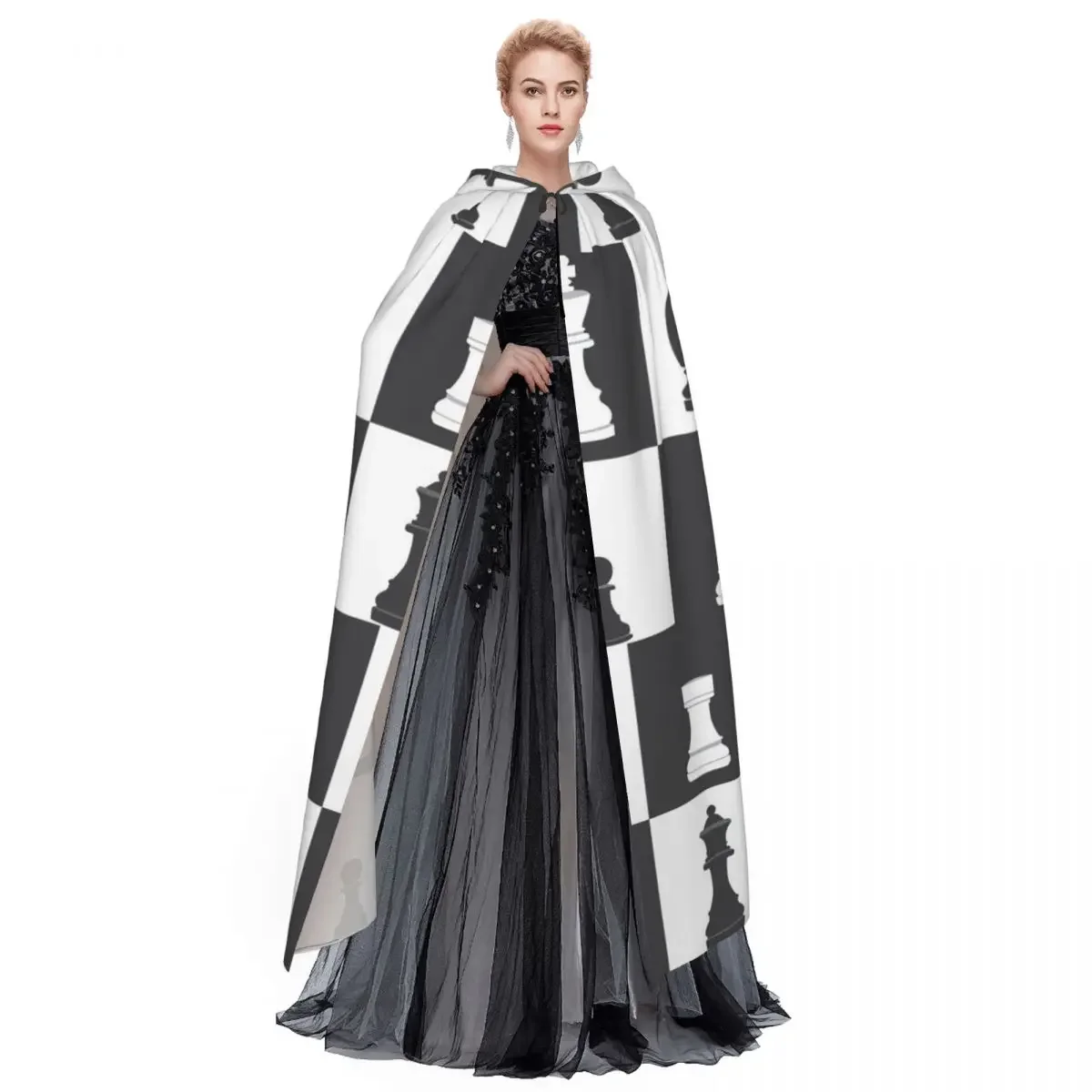 Custom Chess Pieces On Board Long Hooded Cloak Witch Medieval Costume Cosplay Cape HalloweenVampire Adult Unisex