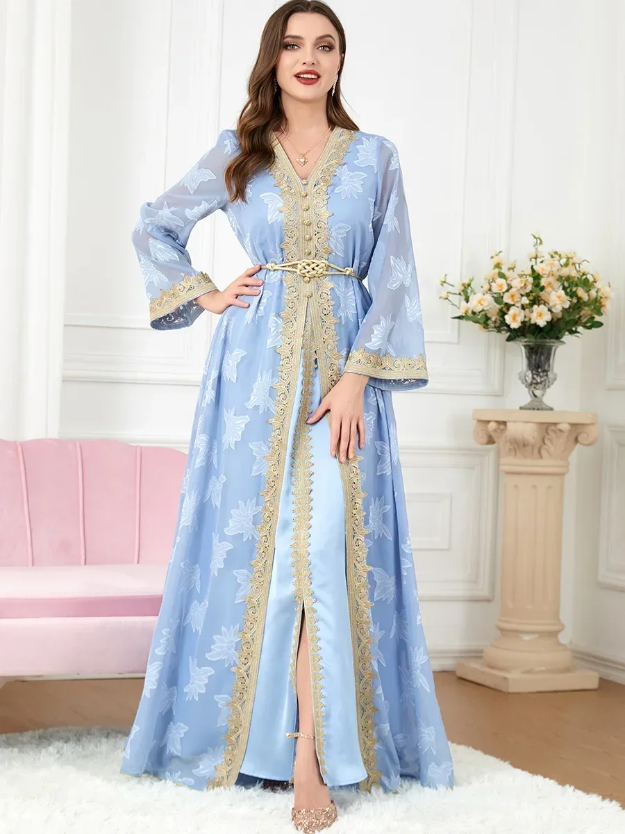 Moroccan Kaftan 2 Piece Abaya for Women Belted Gulf Jalabiyat Ramadan Muslim Sets Wedding Evening Arabic Long Dresses Eid Abayas