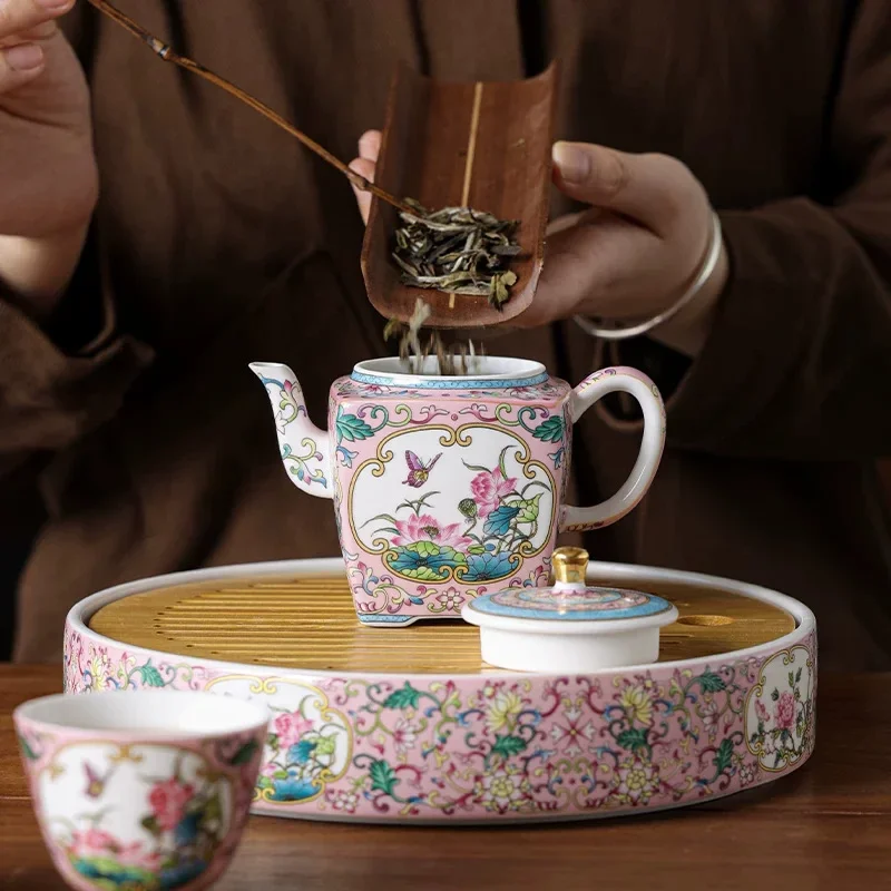 Unique Palace Style Enamel Colorful Butterfly Love Kung Fu Tea Set High-end Chinese Teapot One Pot Four Cups with Tea Tray Set