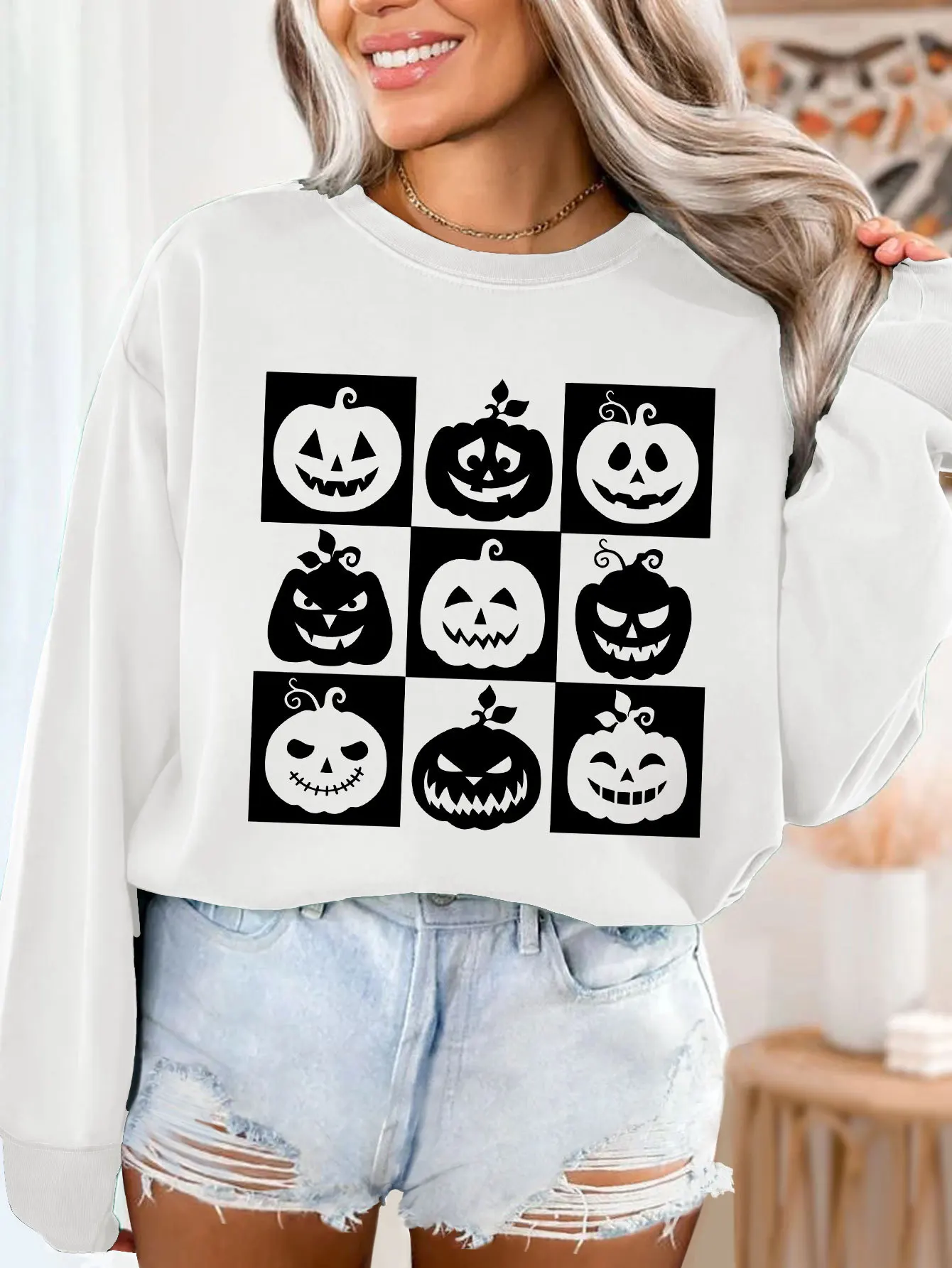 Moletons femininos 2025 Aummer abóbora padrão impresso pulôver topos botão de inverno mangas compridas casacos de corrida gráficos