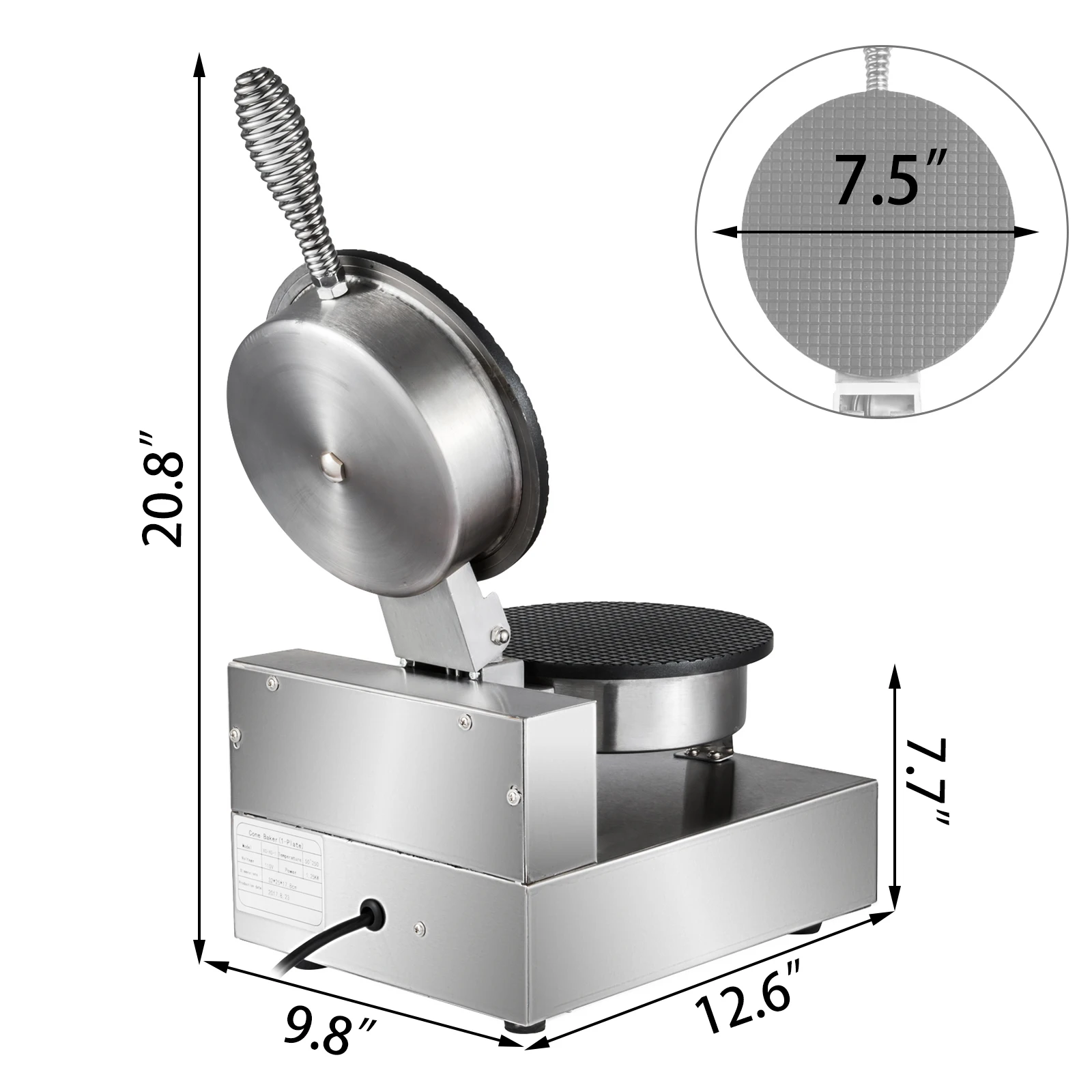 VEVOR-Sorvete Elétrico Waffle Cone Maker, Rolo de Ovo Antiaderente, Cones Tigelas, Cone De Ferro, Máquina Comercial, 1200W