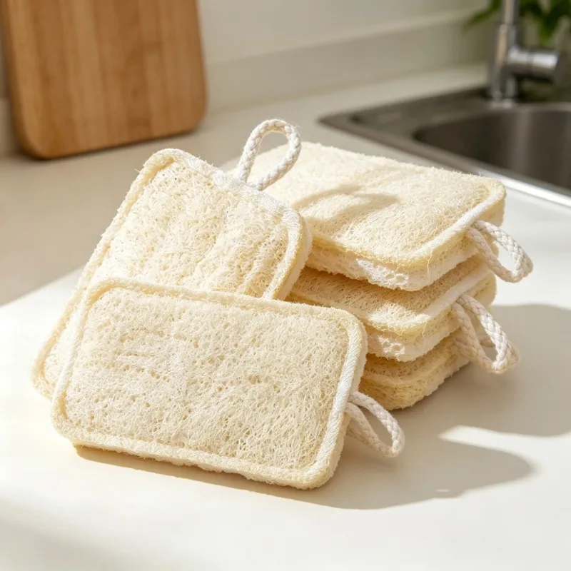 Natural Wood Pulp Cotton Loofah Sponge Scrubber Non Stick Oil Absorbent Dish Cleaning Sponge for Kitchen Wash Reusable