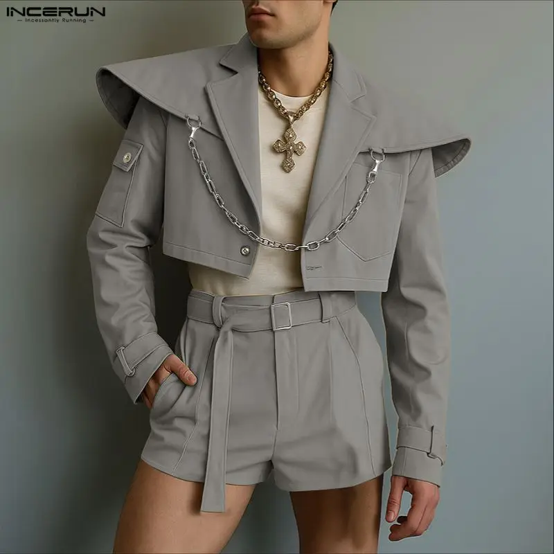Incerun conjuntos masculinos cor sólida manga longa colheita jaquetas & shorts duas peças define streetwear solto 2025 moda casual ternos masculinos