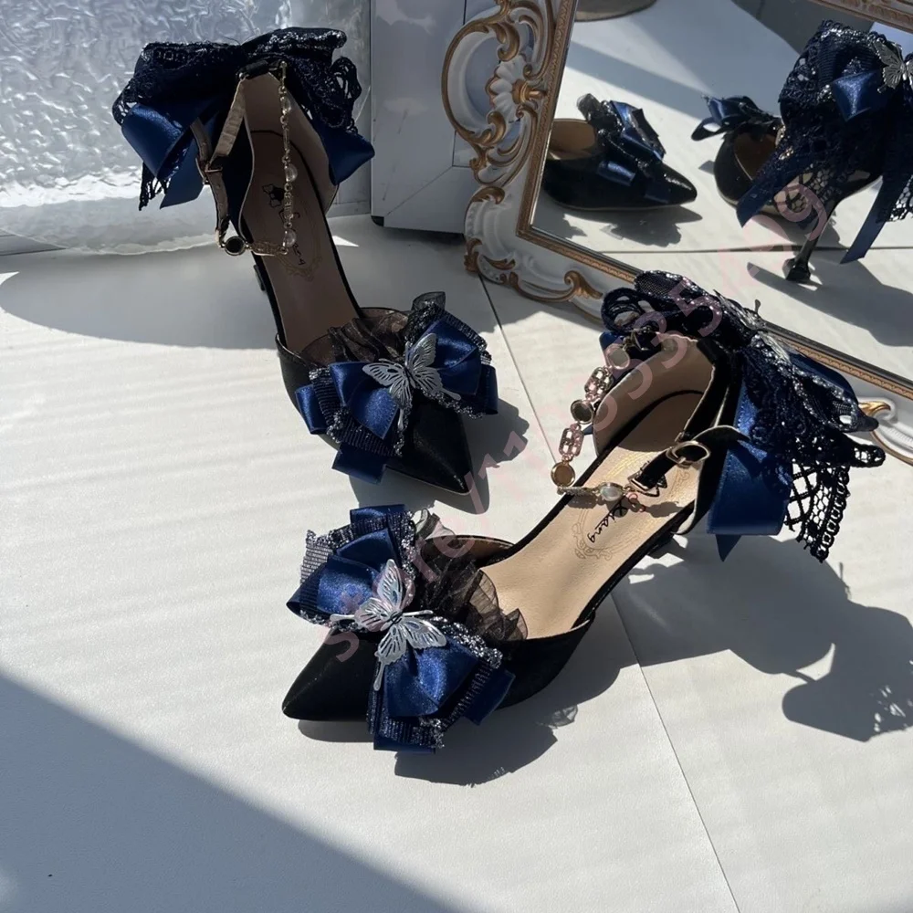 2026 New Satin Pointed Toe Heels Navy Blue Lace Bow Butterfly Rhinestone Ankle Strap Pumps Elegant Wedding Party Shoes for Women view 5