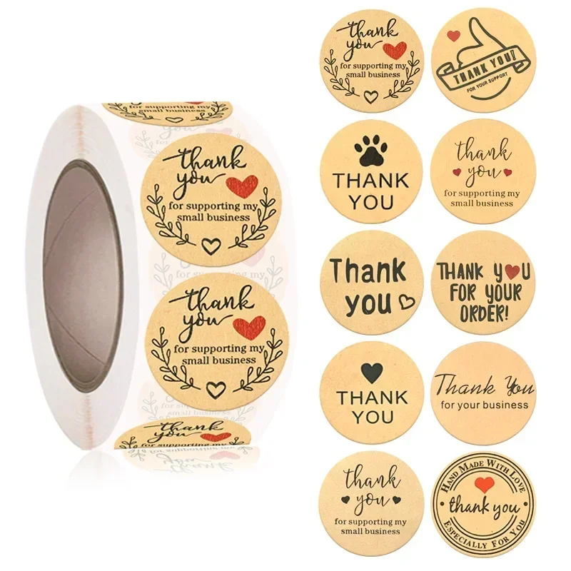 500pcs Kraft Paper Stickers Thanks Scrapbook Labels for Gifts Packaging Envelope Seal Small Business Sticker Handmade with Love