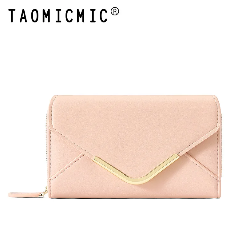 ElegantMid-Length Envelope Wallet for Women Simple Stylish PU Coin Card Holder with Zipper Multiple Card Slots International Tra
