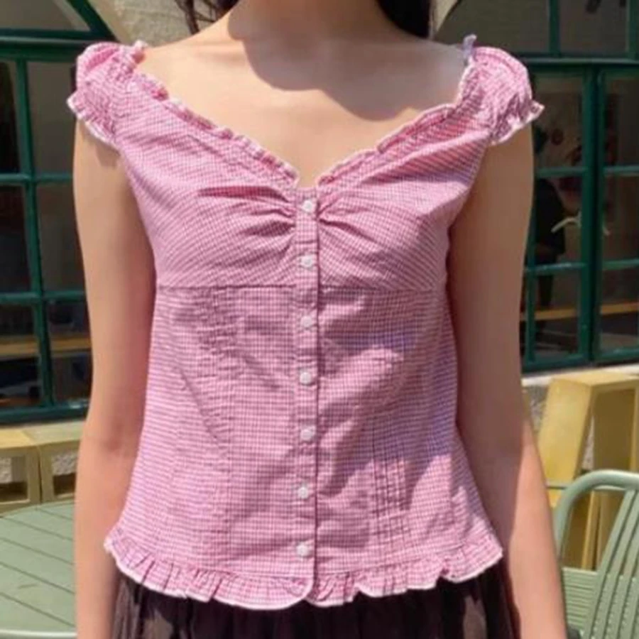 Y2K Short Sleeve Deep V Neck Soild Color Shirts Ruffe Button Beach Party Tops Crop Slim Fit Mujer