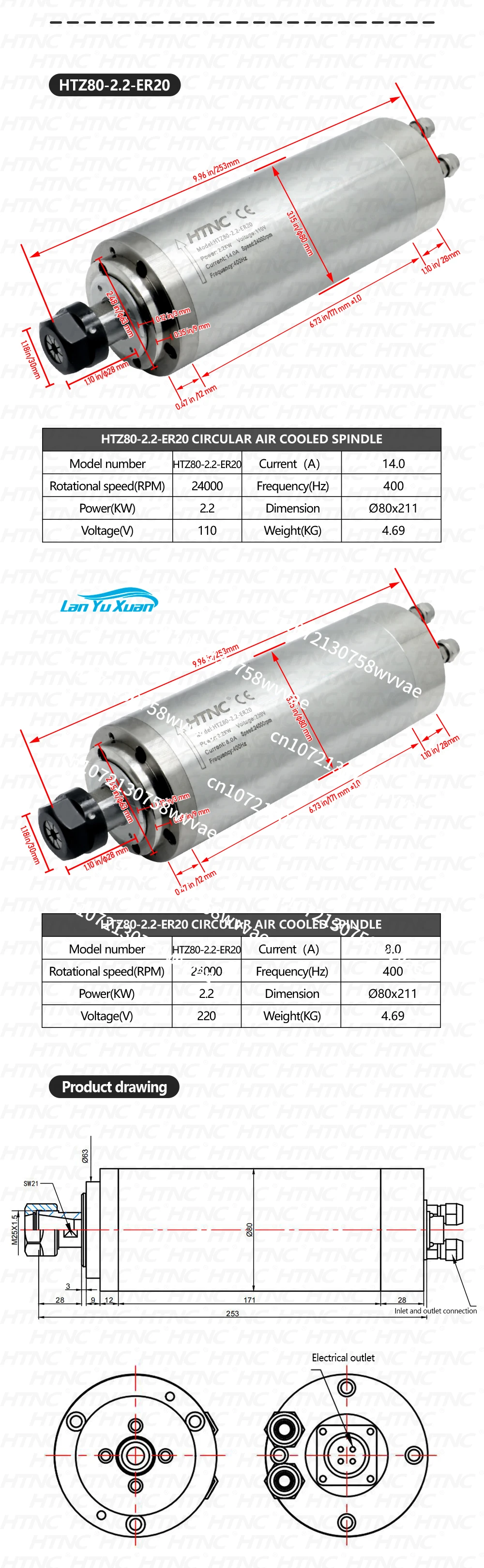 Water Cooling 2.2KW 1.5kw 0.8kw CNC Spindle Motor 110v / 220v  2200W 1500w 800w 400hz Round Spindle 24000RPM For CNC view 6
