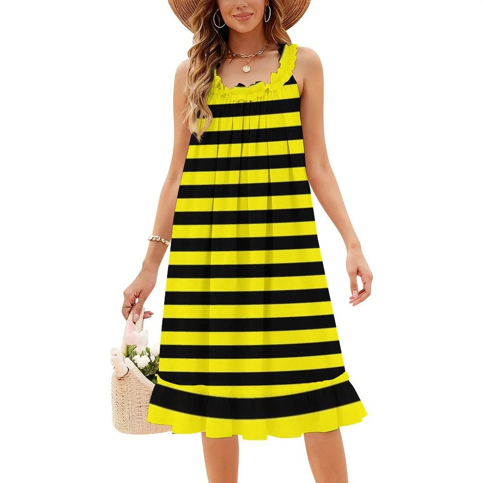 فستان ليموني أصفر وأسود بخطوط أفقية مزين بالزهور للنساء للربيع والصيف فستان كاجوال للحفلات باللون الأصفر الليموني #4