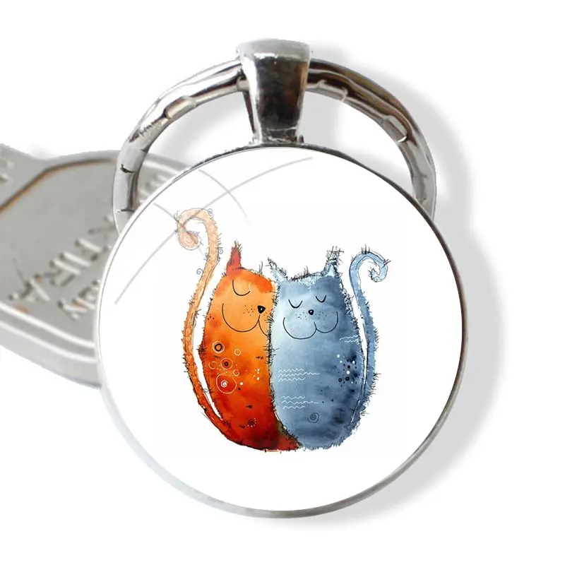 Keychain Handmade Glass Cabochon Key Ring Holder Pendant Key Chains Cartoon Cute Cat Chick Elephant Animals Drawings