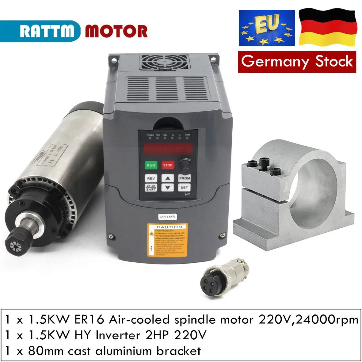 『EU Stock』1.5KW Air Cooled Spindle 220V Inverter 80MM ER16 Clamp For Lathe CNC Engraving Milling Cutting Machine