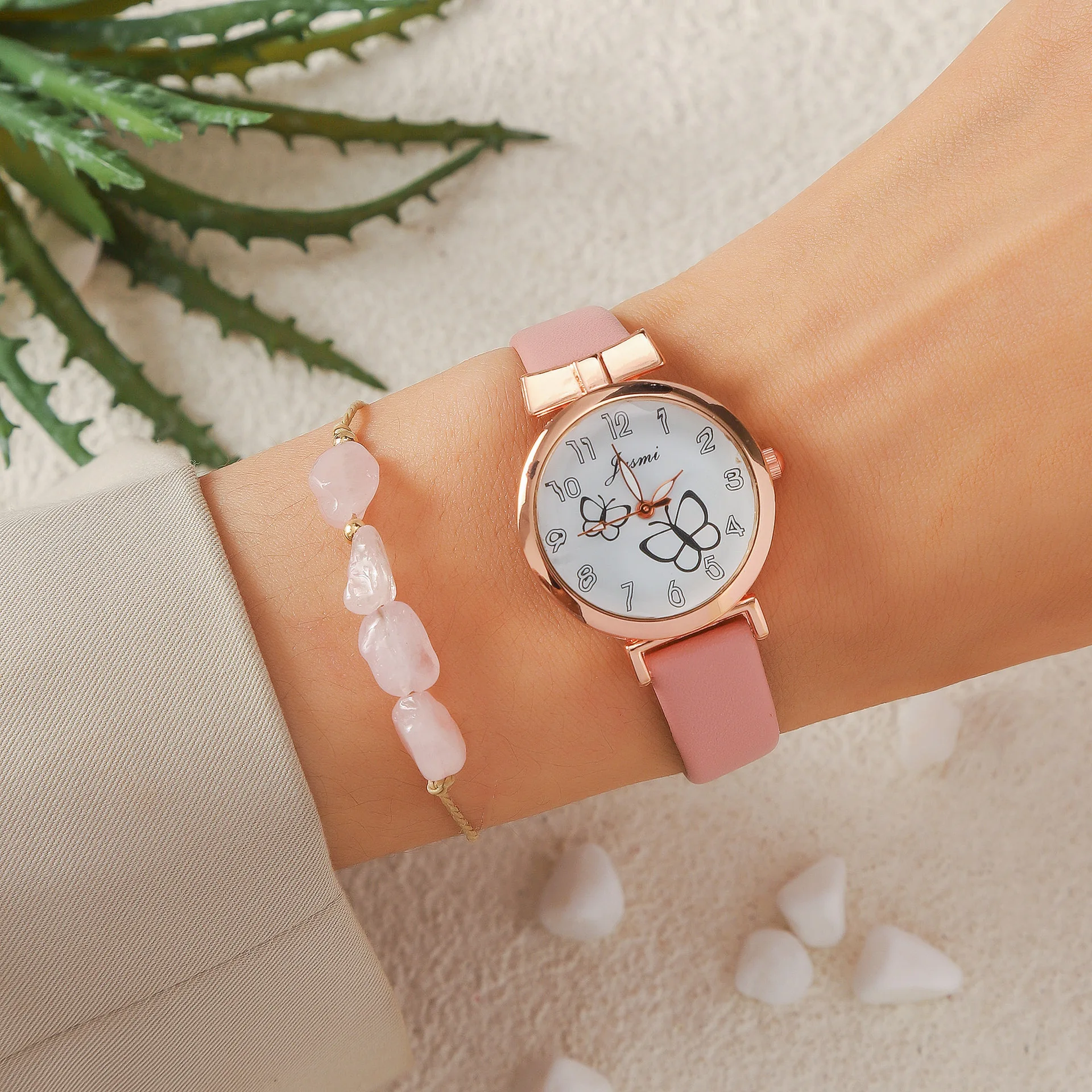 Roze kinderhorloge vlinderpatroon faux riem quartz horloge kralen armband set speelgoed voor kinderen kijken meisjes cadeau polshorloge