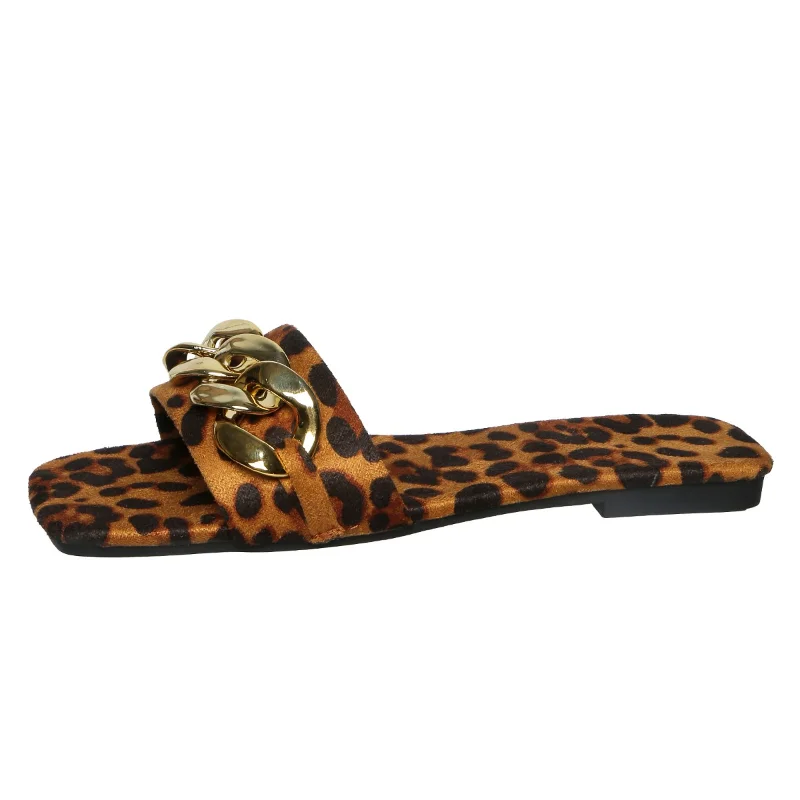 

2026 Summer Women Slippers Large One-line Metal Chain Sandals Outer Wear Square Head Flat Slippers Outdoor Slides Women Big Size