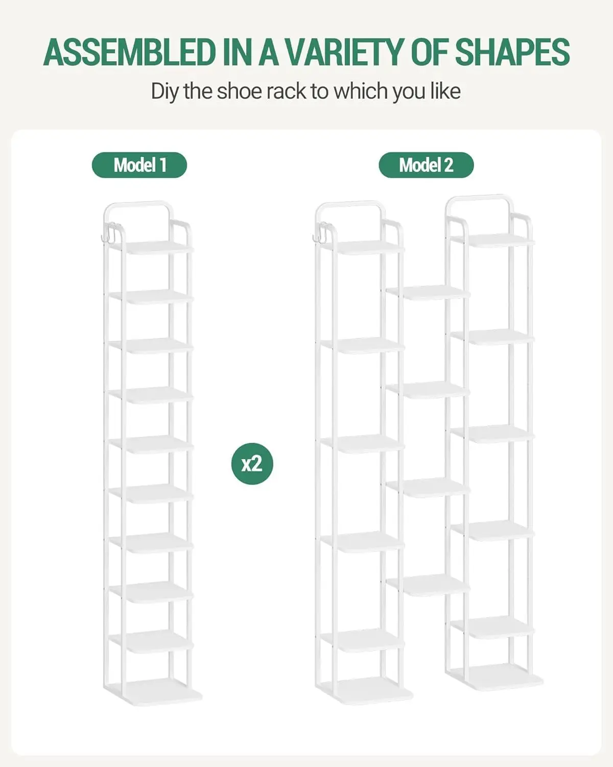 رف أحذية عمودي مكون من 10 طبقات، رف أحذية ضيق طويل مع خطافين، أرفف قابلة للتعديل، تصميم زاوية للمساحات الصغيرة، أبيض