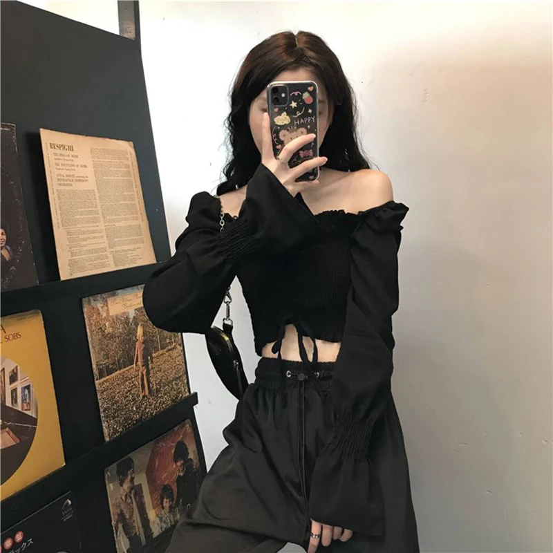 Cropped Slash Neck Shirts Women Streetwear Black Shirring Long Sleeve Blouses Summer Korean Elegant Sexy Off Shoulder Crop Tops