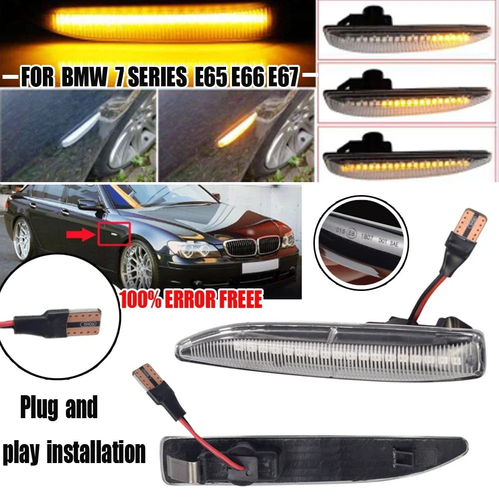 2Pcs for BMW 7 Series E65 E66 E67 E68 Flowing LED Side Marker Lights Dynamic Turn Signal Light Side Repeater Lamp Panel Lamp