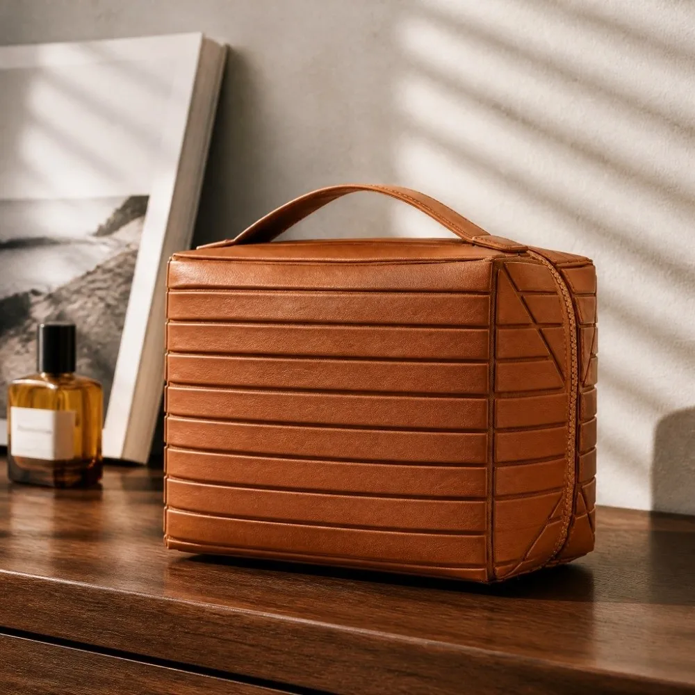 8.46x6.30x7.48in Makeup Bag Multiple Compartments PU Leather Toiletry Organizer Small Size Fold-Down Design Cosmetic Bag