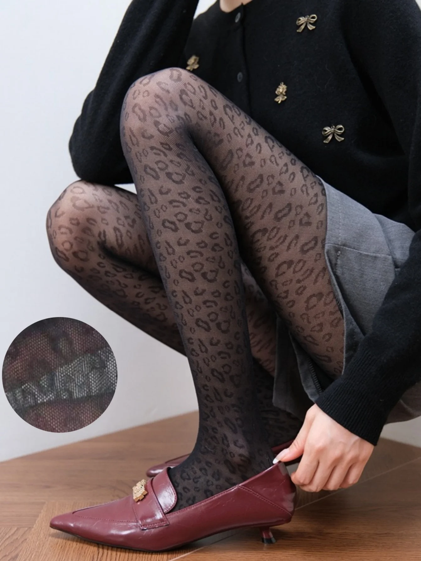 1 pair of women's black tights, leopard print sheer sexy tights, fashion stockings