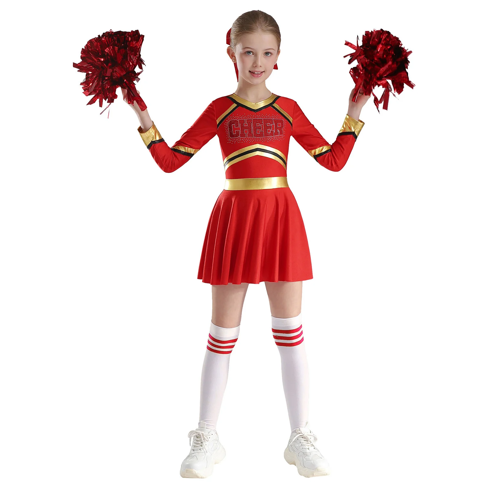 Kids Girls Cheerleading Dance Uniform Long Sleeve Cheer Leotard Dress School Party Sports Meeting Stage Performance Costume