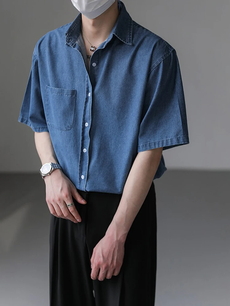 

Ins Short Sleeve Men's Shirt Summer Loose Casual Washed Denim Half Sleeve Fashionable And Handsome Top for Men