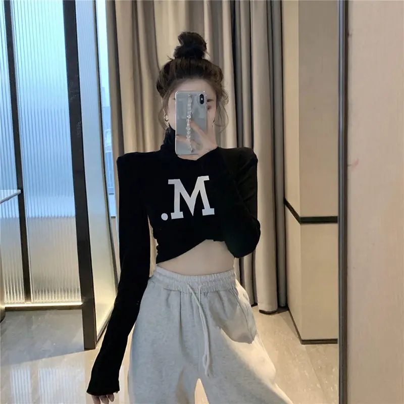 Koreańskie Slim Printing Letter Tops Tees Spring New Long Sleeve Simplicity Solid Color Trend T Shirts Fashion Y2K Odzież damska