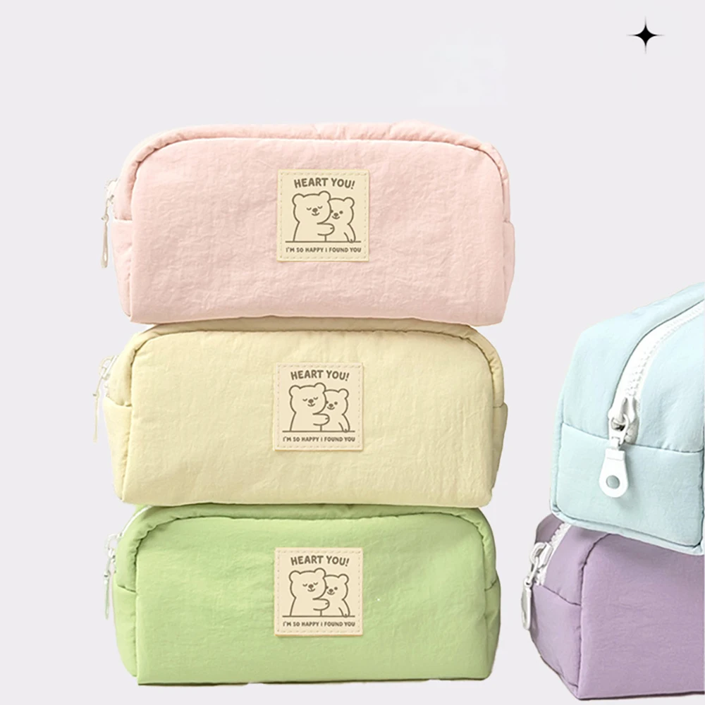 Cute little bear pencil case, high aesthetic solid color student large capacity stationery box, desktop stationery storage bag