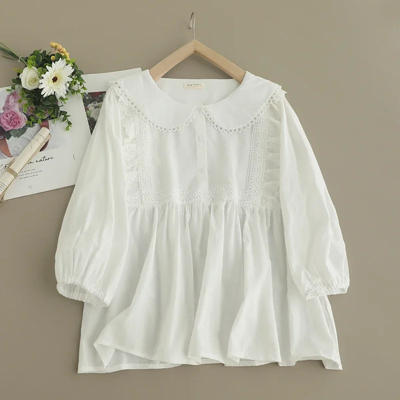 

Summer Sweet Mori Girl Japan Style White Embroidered Shirt Women Kawaii Cute Peter Pan Collar Short Sleeve Casual Tops