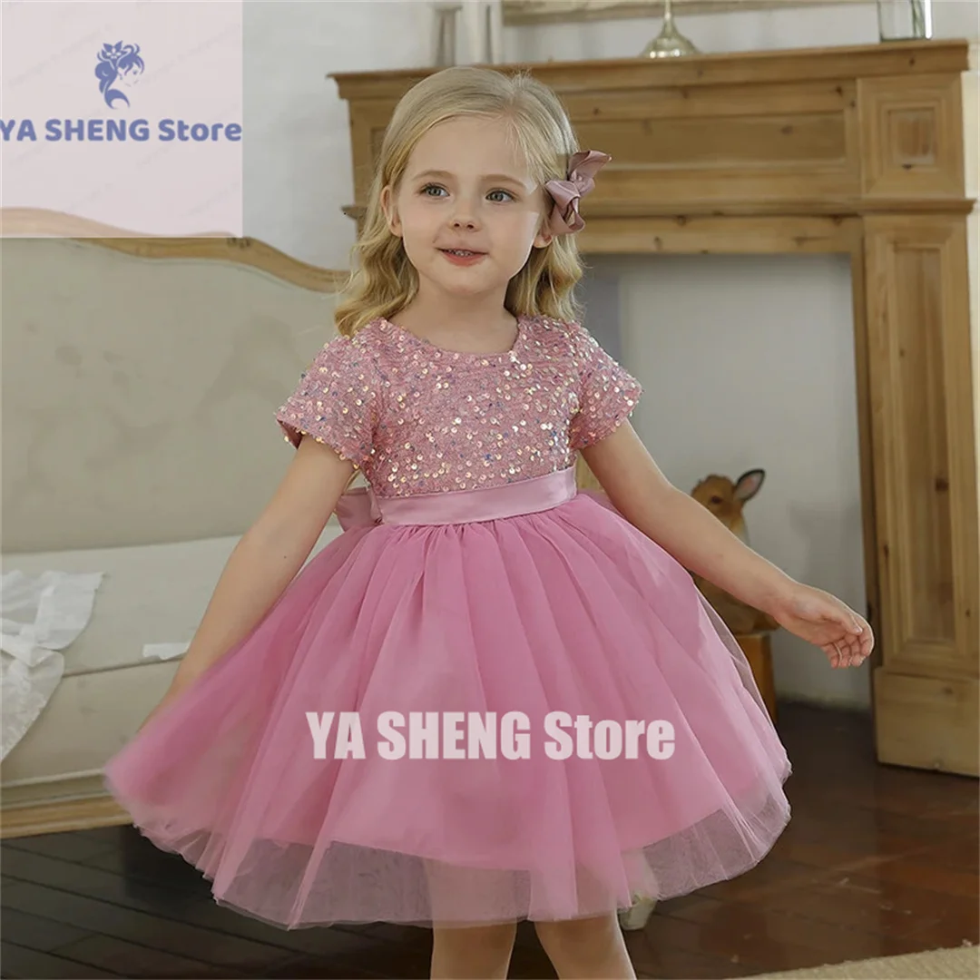 

Summer Girls Princess Dress Sequin Elegant White Girl Dress for Wedding Evening Clidren Birthday Party Pageant Tutu Fluffy Gown