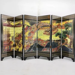 Retro folding wooden moving living room bedroom home block Qingming Shanghe painting lacquer small screen