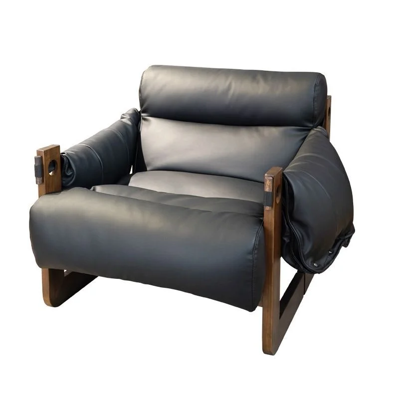 

#Nordic Vintage Single Solid Wood Sofa Chair Living Room Designer Casual Leather Recliner