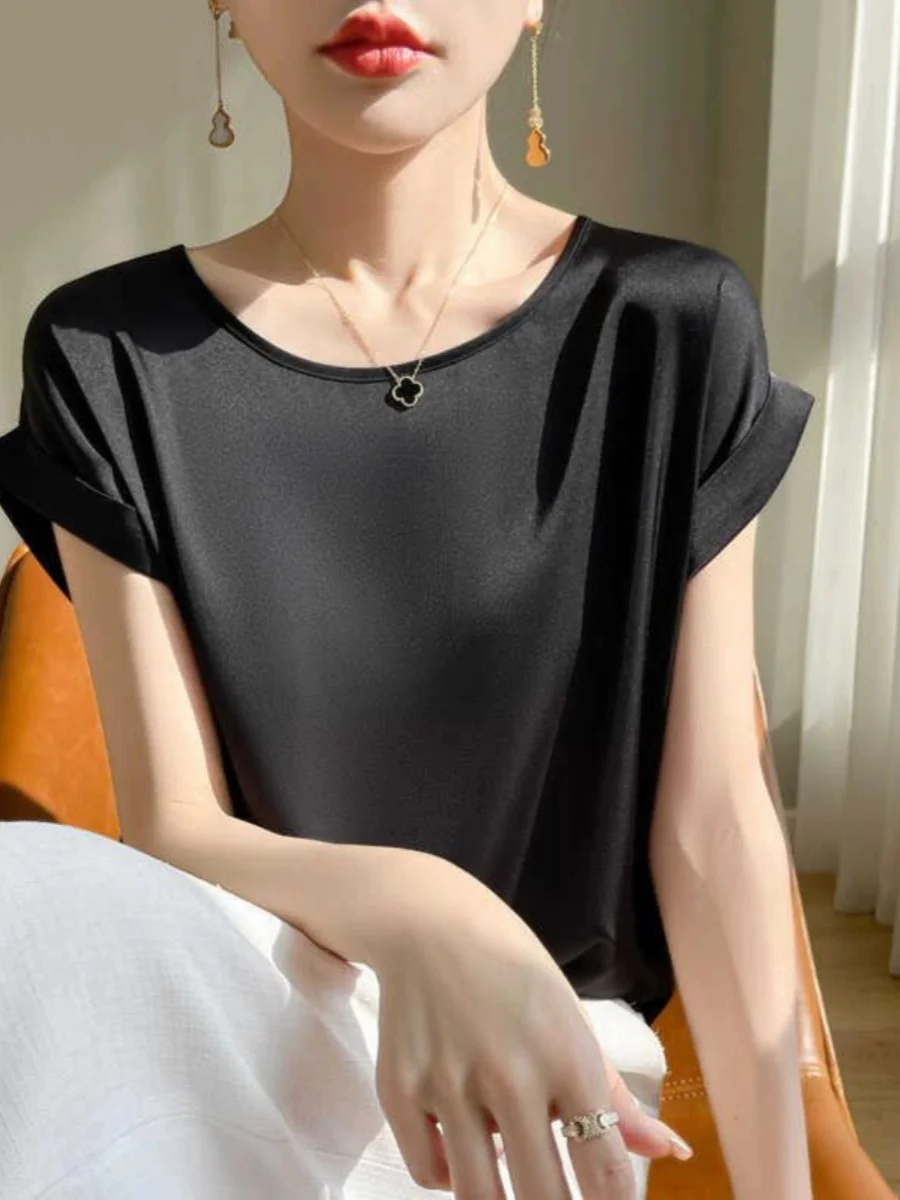 Silk ort Sve irt Summer New Sle Loose Faionable Schlankheits-Chiffon-Top Damen Premium Quali Round Ne Pul...