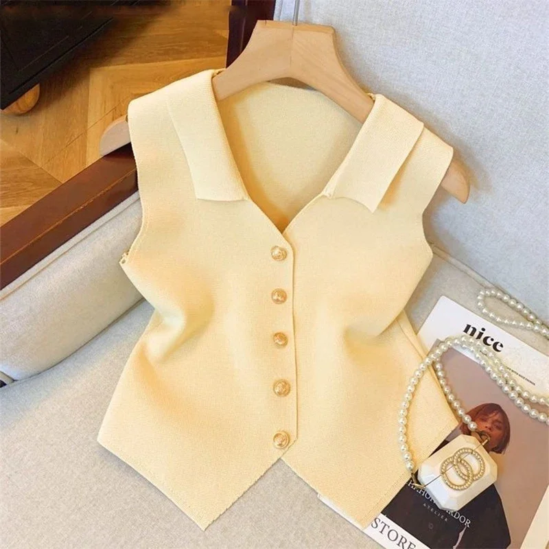 1pcs Vest French Temperament V-neck Single Breasted Sleeveless Slim Knitted Vest For Women