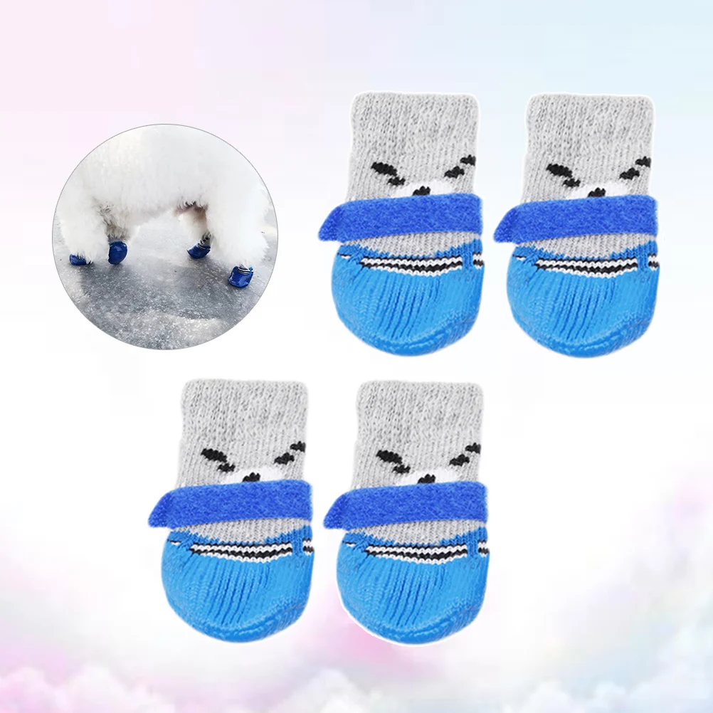 

4Pcs Pet Dog Cat Socks Waterproof Cotton Non-Slip Cartoon Prints Size S Blue Anti Skid Cold Snow Paw Protection